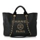 Chanel Straw Raffia Calfskin Chain Medium Deauville Tote Black