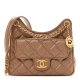 CHANEL Shiny Crumpled Calfskin Quilted Small Wavy CC Hobo Brown